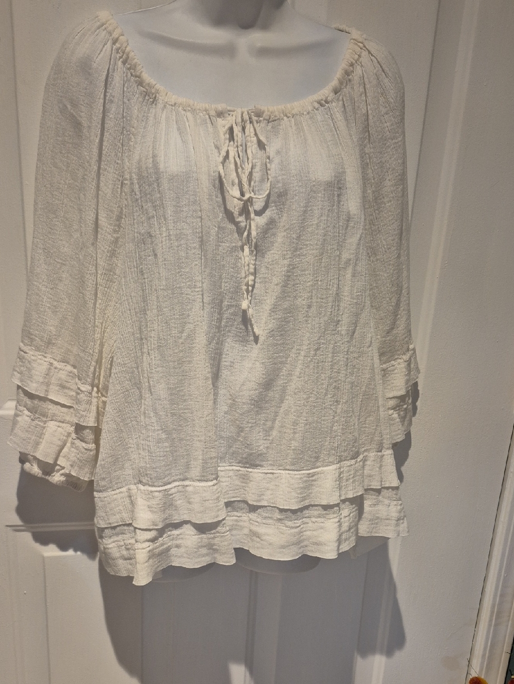 Lauren Ralph Lauren Black Label 100% Cotton White Peasant Tie-Neck Blouse